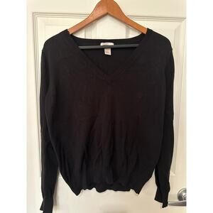 BASIC/BASIQUE Black Knitted V-neck Long Sleeve Sweater Top Sz M